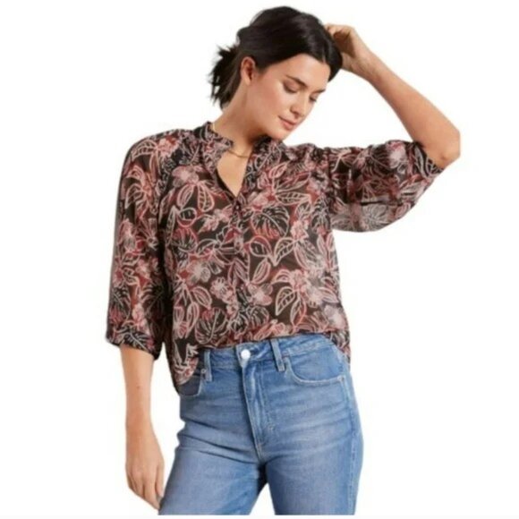 NWT EVEREVE womens BOHO blouse TOP black PINK floral KENSIE chiffon LEAF SIZE L - Picture 1 of 11